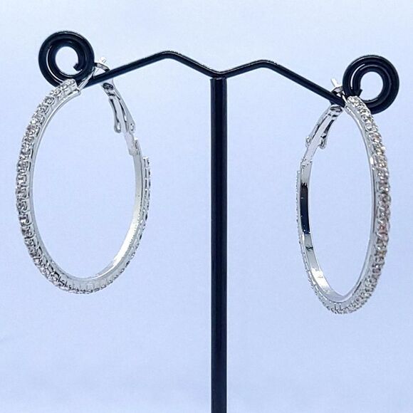 Rhinestone Pave Hoop Earrings Classic Wedding Prom Bridal Bride Jewelry Silver - Picture 3 of 6